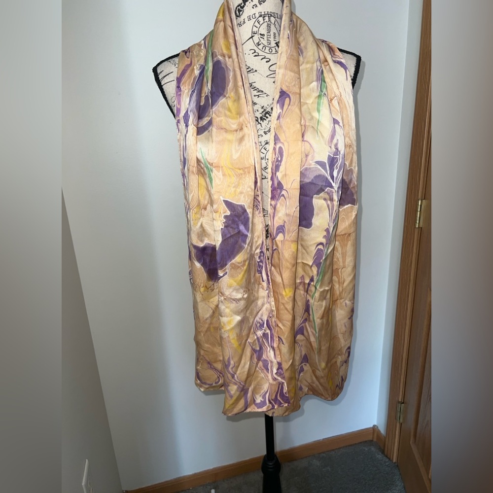 K.A.T.’s 100% Silk Floral Marbled Long Scarf Art Print Champagne Purple